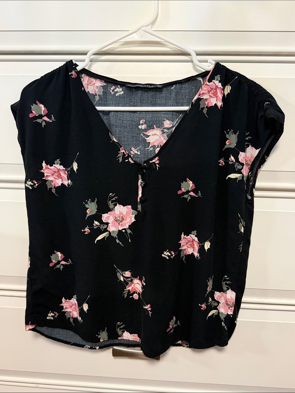 Abercrombie & Fitch Black V-Neck Blouse with Pink Floral Print